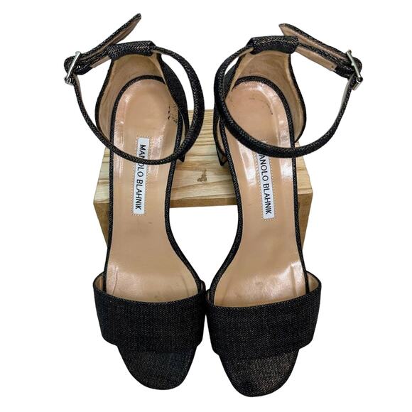 Manolo Blahnik Lauratomod Denim Ankle-Wrap Sandal in Metallic Wash Denim - Picture 5 of 9